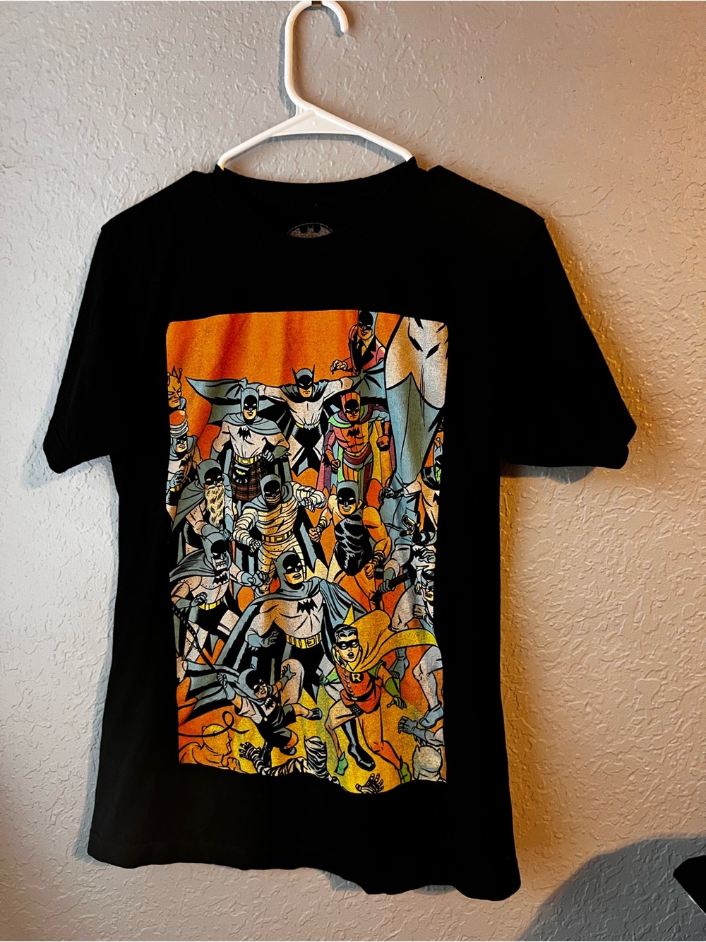 Batman Black Short Sleeve Tee with Orange Multi-Character Graphic